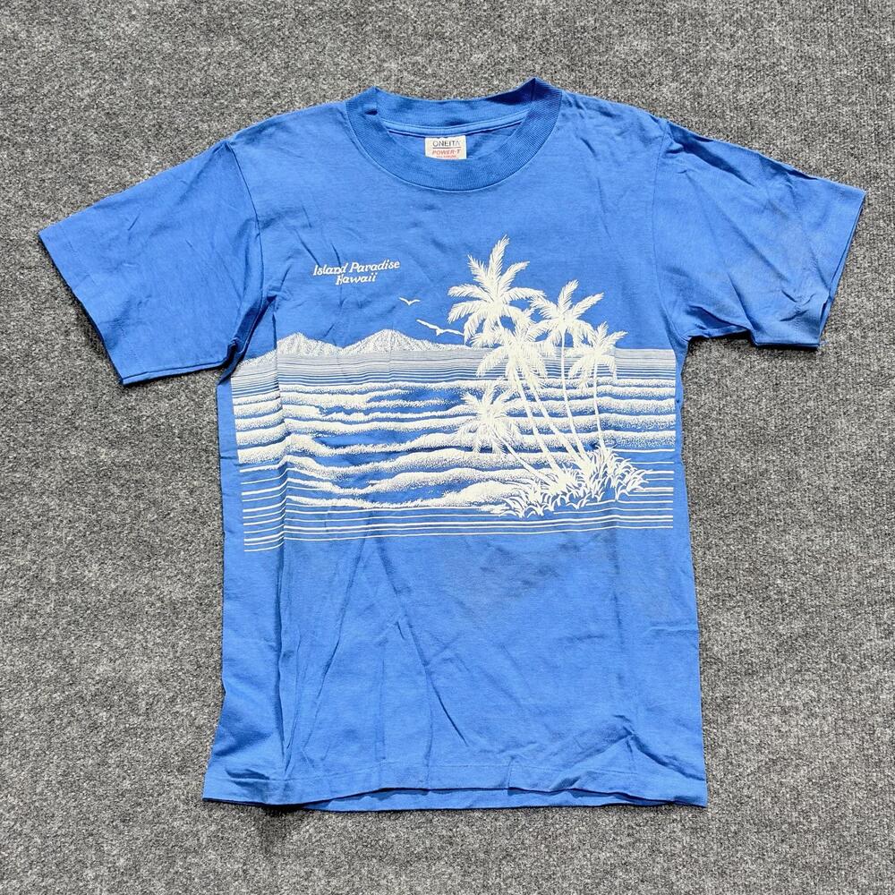 Vintage Oneita Shirt Mens Medium Blue Island Paradise Hawaii Palm Graphic 80s